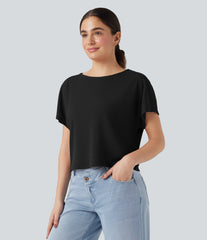 Ribbed Knit Batwing Sleeve Relaxed Casual T-Shirt