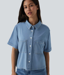 Halara Flex™ Short Sleeve Draped Lyocell Denim Casual Shirt with Pockets