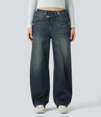 Halara Flex™ Asymmetric Mid Rise Barrel Leg Washed Casual Jeans with Pockets