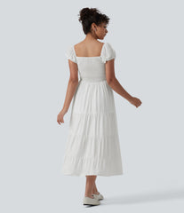 Queen Anne Neck Puff Sleeve Shirred Midi Casual Tiered Dress with Pockets