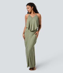 V Neck Tie Back Ruched Maxi Slip Dress