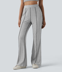 High Stretch Ribbed Knit High Waisted Color Block Top-stitching Casual Flare Leggings with Pockets