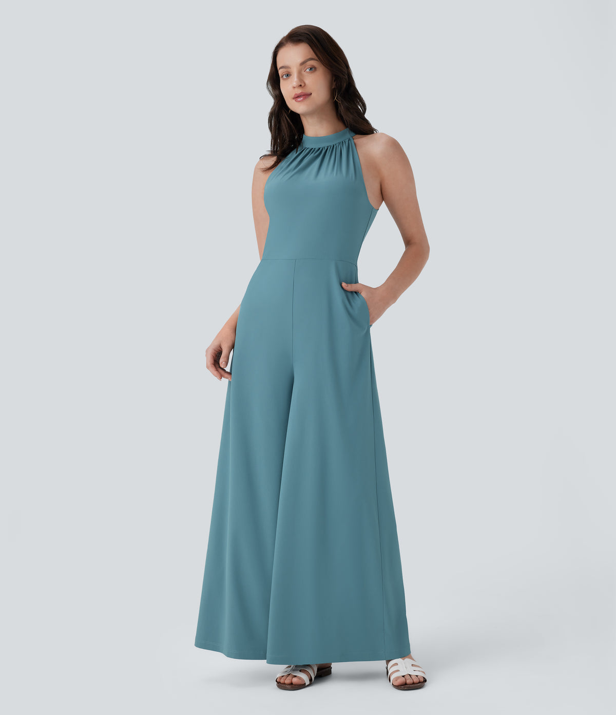 Breezeful™ Halter Tie Pocket Wide Leg Flowy Quick Dry Jumpsuit