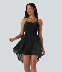 Lace Up 2-in-1 High Low Contrast Mesh Flowy Low Support Mini Dance Active Dress with Pocket DD-F Cups