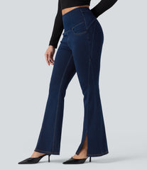 Halara Flex™ High Waisted Crossover Back Split Denim Casual Flare Leggings with Pockets