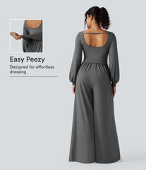 Scoop Neck Backless Long Sleeve Heathered Casual Wide Leg Jumpsuit with Pockets-Easy Peezy