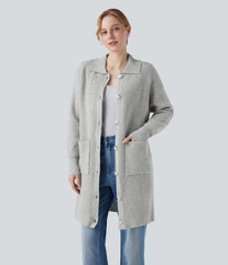 Collar Long Sleeve Button Fly Casual Longline Cardigan with Pockets