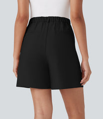 High Waisted Zipper Pocket Work Linen-Feel Bermuda Shorts