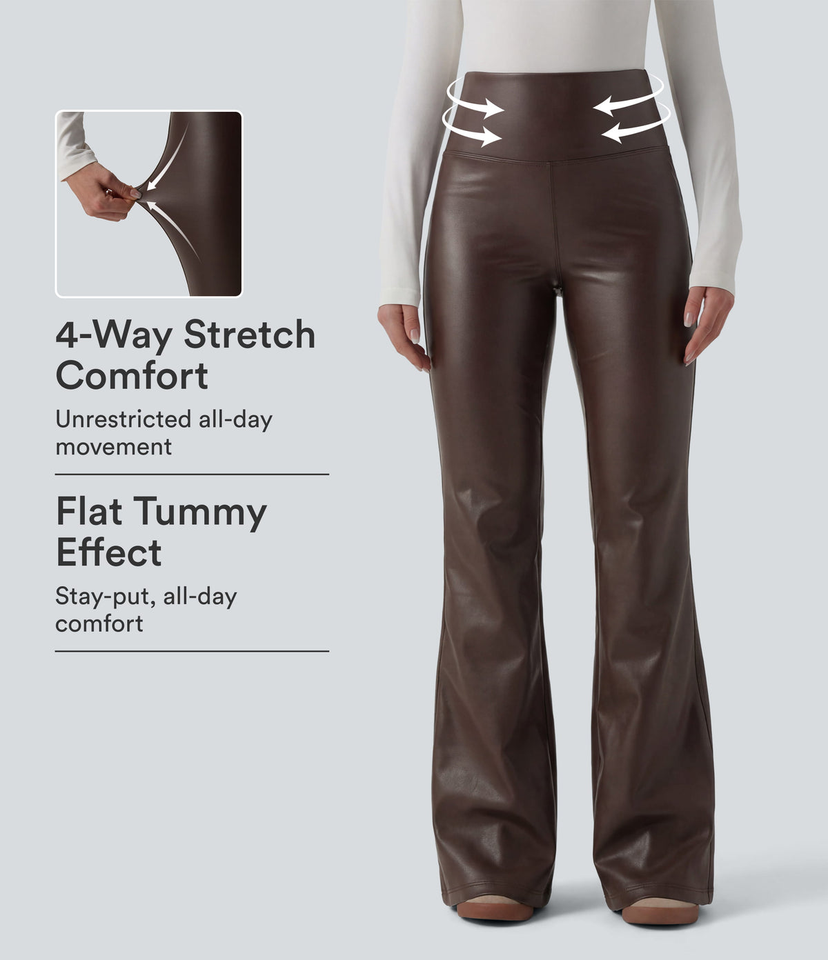 High Waisted Tummy Control Stretchy PU Fleece Flare Casual Pants with Pockets