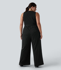 V Neck Sleeveless Belted Stripe InstantCool Work Plus Size Jumpsuit with Pockets-Easy Peezy