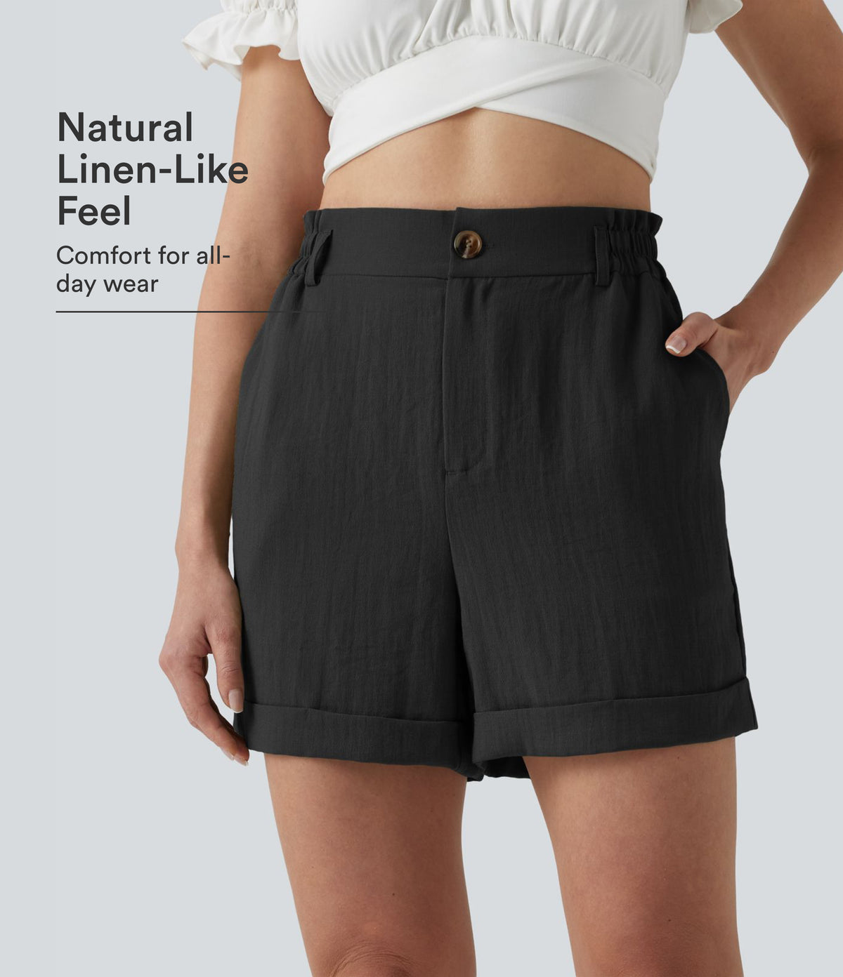 High Waisted Rolled Hem Linen-Feel Resort Shorts 5'' with Pockets