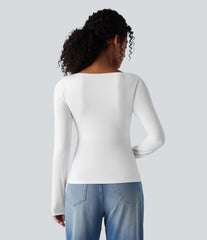 Square Neck Push-Up 2-in-1 Long Sleeve Ruched Casual T-Shirt DD-F Cups