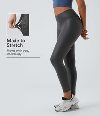 SoftlyZero™ Faux Leather Crossover Pocket Foil Print Stretchy Casual Leggings