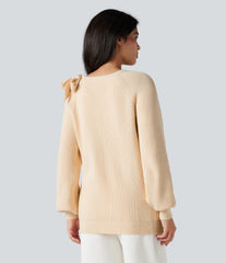 Round Neck Tie Side Long Sleeve Sweater Knit Casual Top