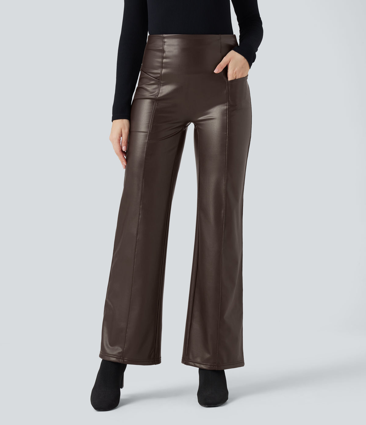High Waisted Tummy Control Stretchy PU Fleece Casual Flare Pants with Pockets