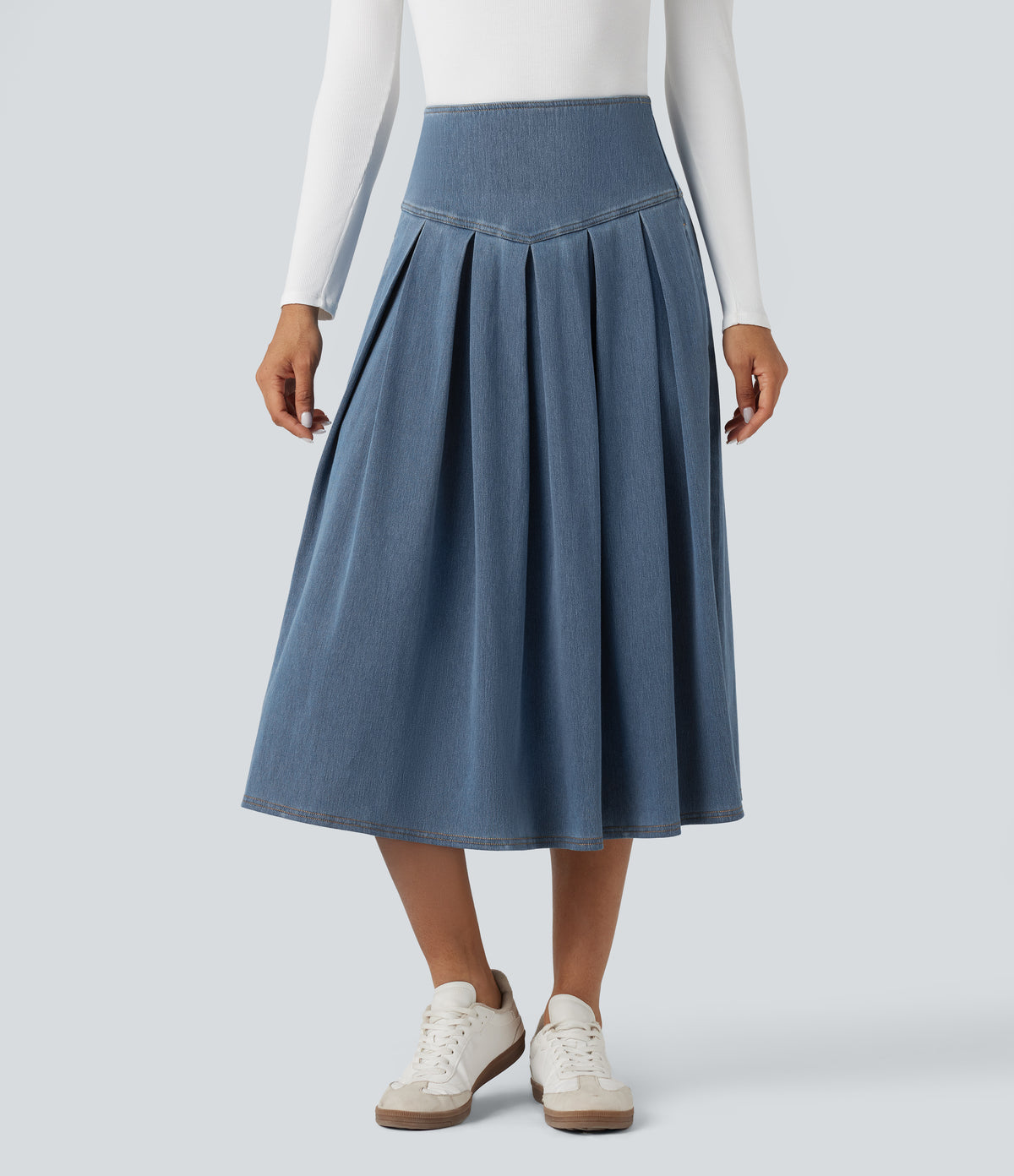 Halara Flex™ High Waisted Tummy Control Pleated Midi Casual Denim Skirt with Pockets