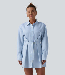 Long Sleeve Belted Stripe Mini Casual Shirt Dress