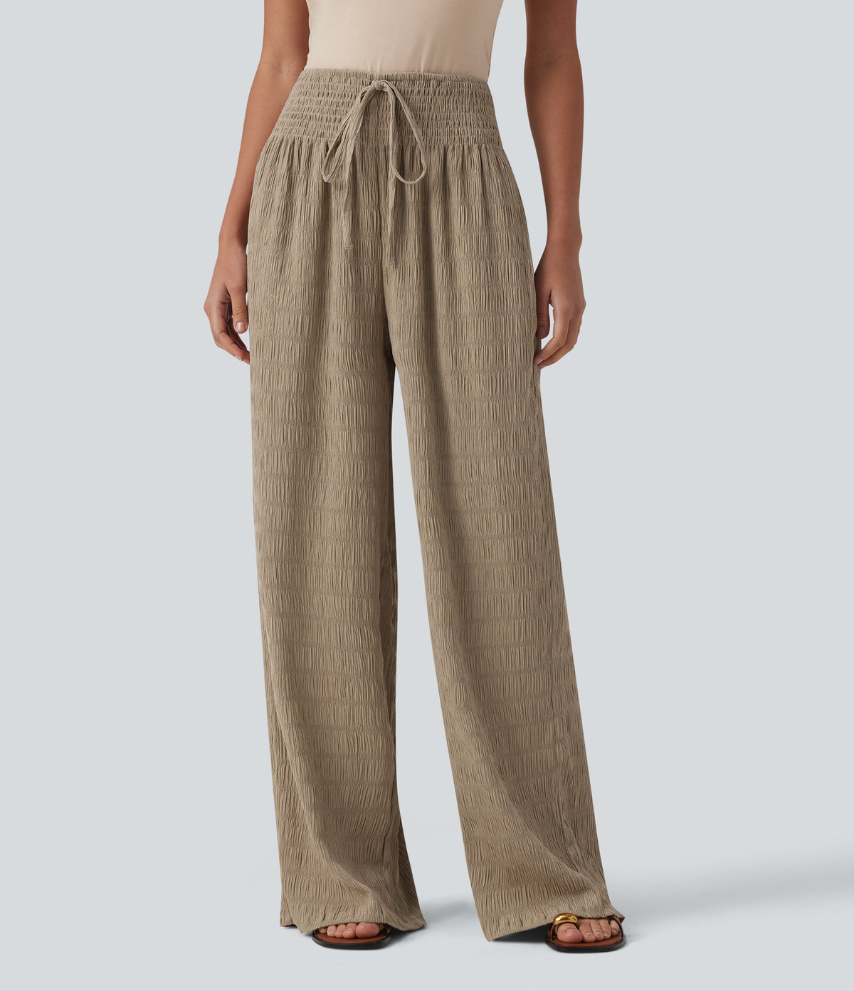 Mid Rise Drawstring Texture Resort Baggy Pants with Pockets