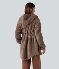 Hooded Drawstring Curved Hem Relaxed Casual Sherpa Jacket with Pockets