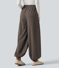 High Waisted Ruched Stacked Baggy Casual Linen-Feel Joggers with Pockets