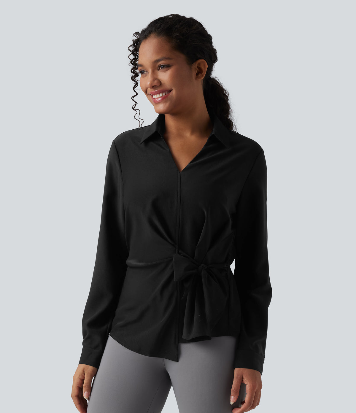 Collar Long Sleeve Tie Asymmetrical Hem Work Blouse