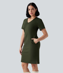 Wear-Resistant V-neck Zipper Short Sleeve Split Hem Ponte Roma Work Dress with Pockets