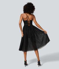 V Neck Ruched Lace Up Contrast Mesh Midi Casual Dress