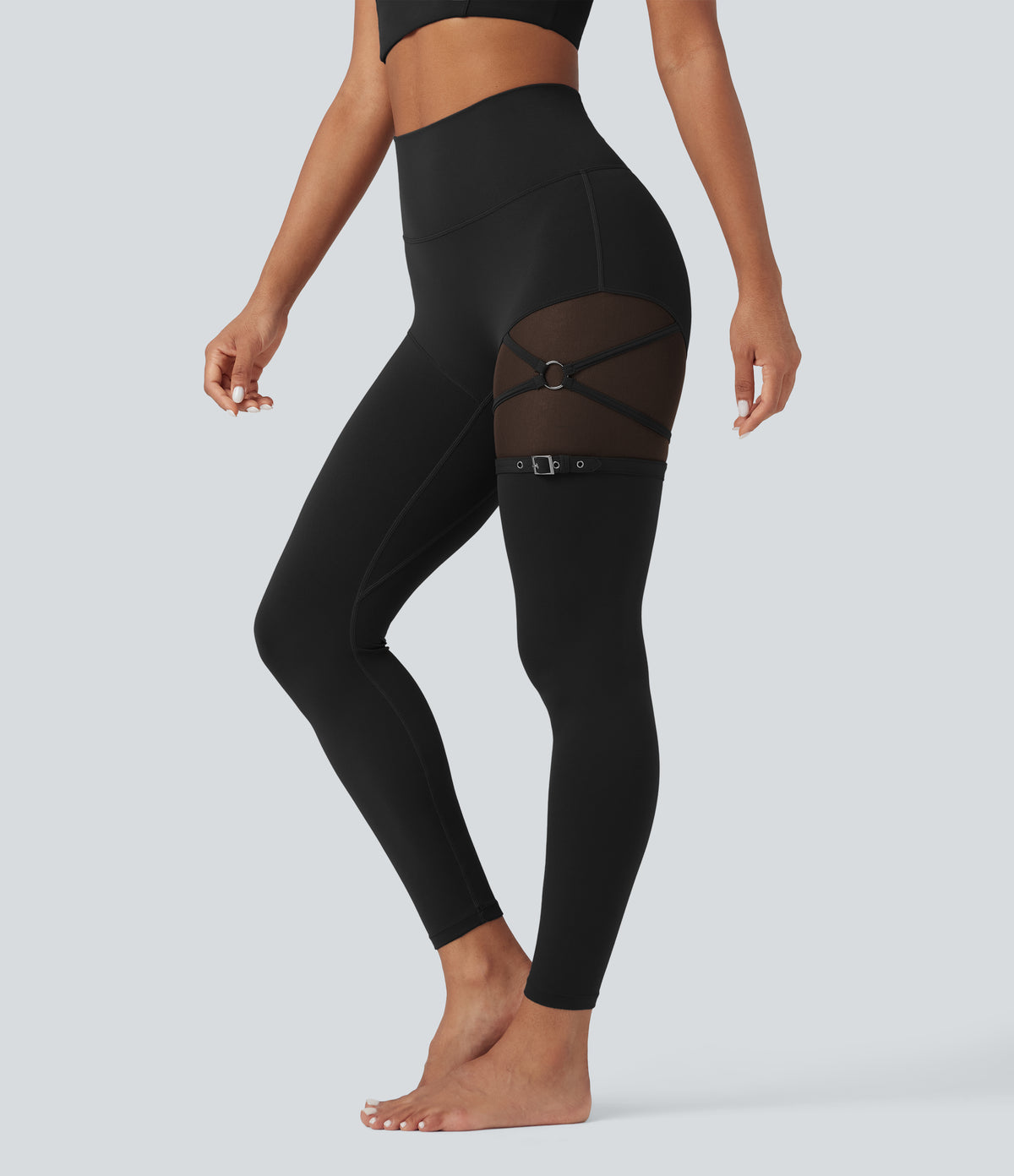 SoftlyZero™ High Waisted Contrast Mesh Adjustable Buckle Dance Leggings with Pocket-UPF50+