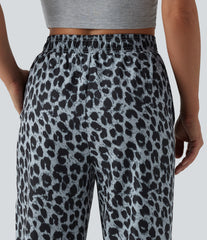 Mid Rise Drawstring Knot Hem Leopard Print Casual Joggers with Pokcets