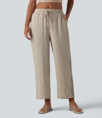 Mid Rise Drawstring Straight Leg Linen-Feel Pants with Pockets