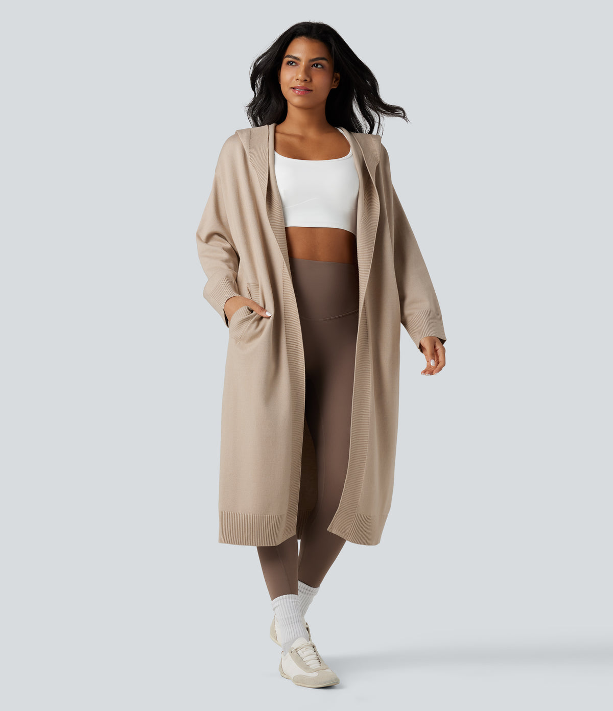 Hooded Long Sleeve Longline Casual Cardigan with Pockets