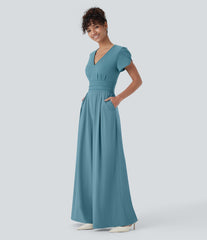 Breezeful™ V Neck Petal Sleeve Pocket Wide Leg Flowy Quick Dry Work Jumpsuit