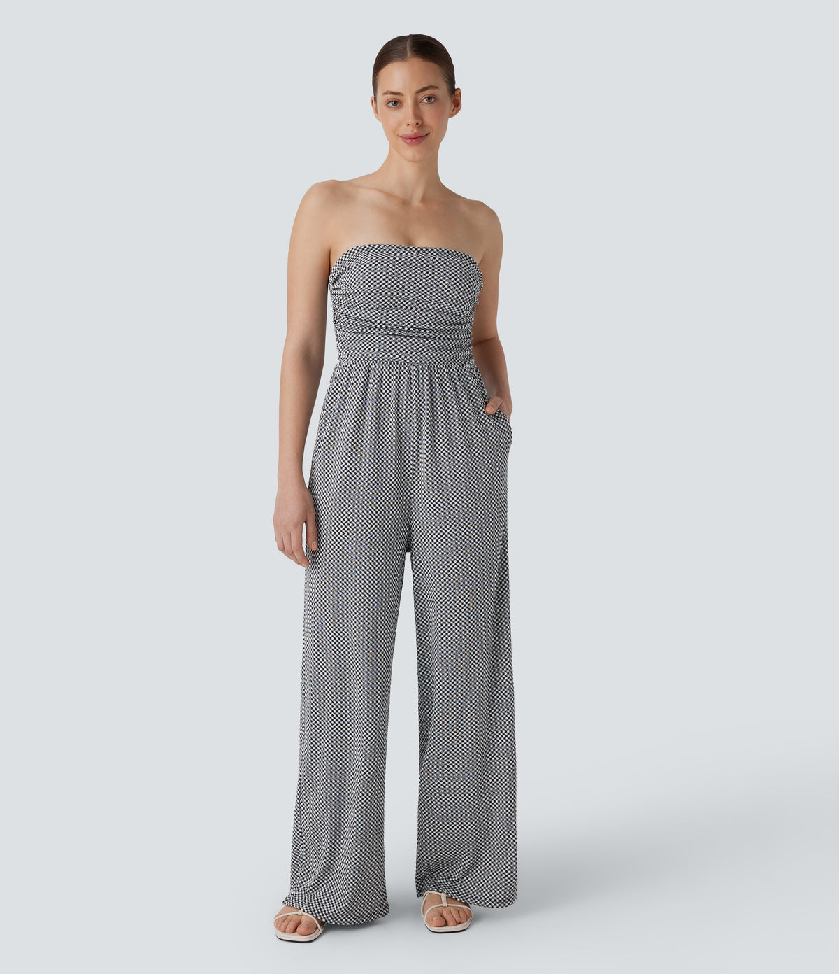 Adjustable & Removable Strap Ruched Pocket Plaid Casual Jumpsuit