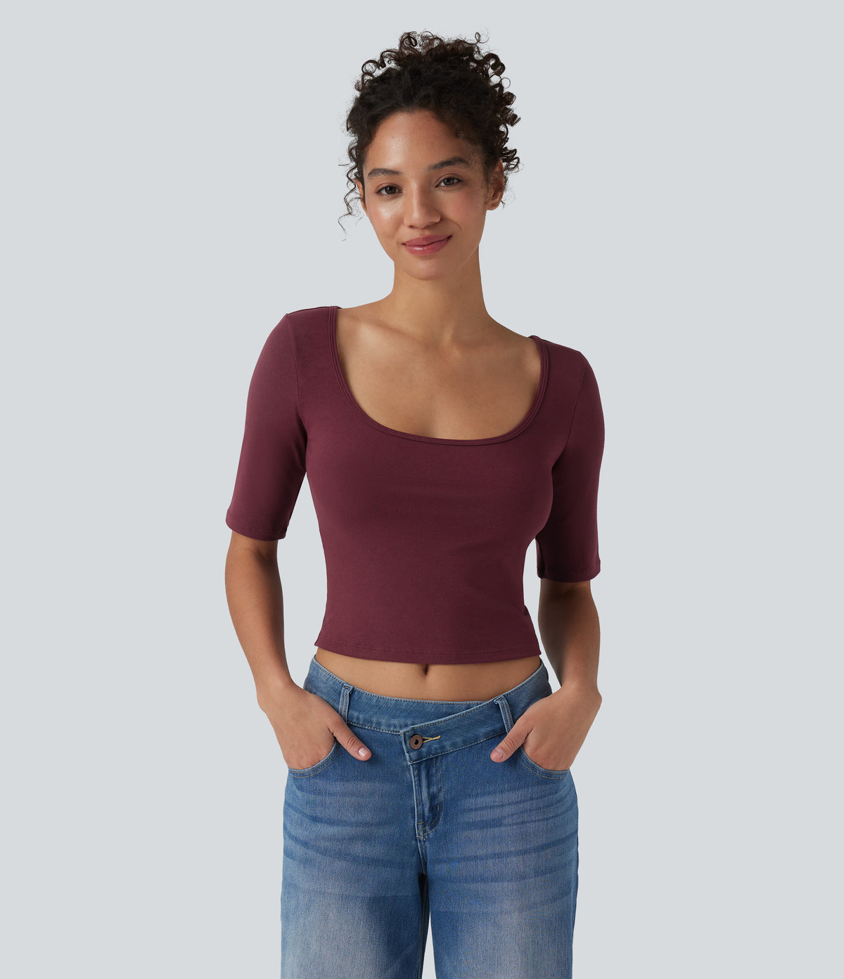 Ribbed Knit Scoop Neck Short Sleeve Casual T-Shirt