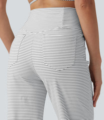 High Waisted Crossover Tummy Control Straight Leg Stripe Yoga Pants with Pockets