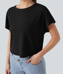 Ribbed Knit Batwing Sleeve Relaxed Casual T-Shirt