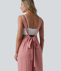 Tie Back Linen-Feel Overalls with Pockets