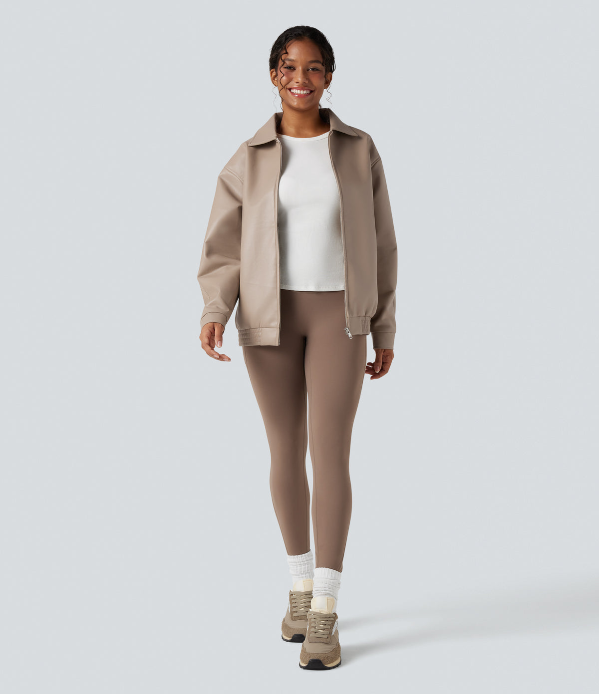 Collar Long Sleeve Relaxed Casual Faux Leather PU Jacket with Pockets