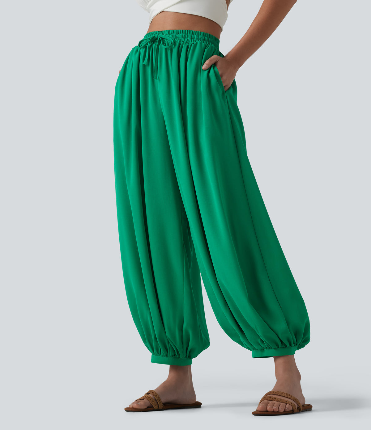 High Waisted Drawstring Linen-Feel Resort Flowy Balloon Pants with Pockets