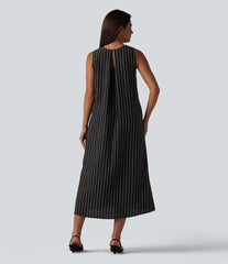 Round Neck Sleeveless Keyhole Back Stripe Midi Casual Dress with Pockets
