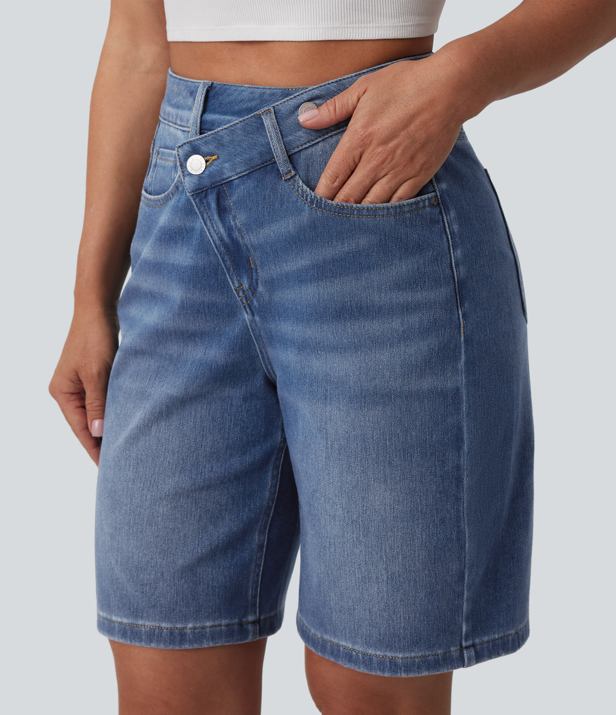 Halara Flex™ Asymmetric High Waisted Washed Denim Casual Bermuda Shorts 9'' with Pockets