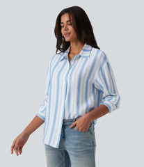 Collar Long Sleeve Stripes Linen-Feel Casual Shirt