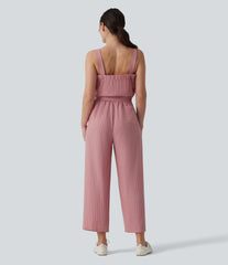 Square Neck Adjustable Straps Sleeveless Belted Stripes Casual Linen-Feel Jumpsuit with Pockets-Easy Peezy