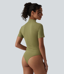 Ribbed Knit High Neck Cut Out Short Sleeve Skinny Casual Bodysuit