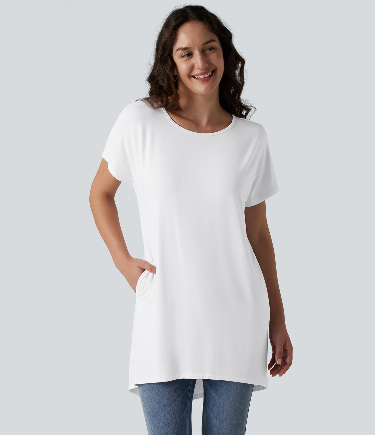 Boat Neck Short Sleeve High-Low Longline Casual T-Shirt with Pockets