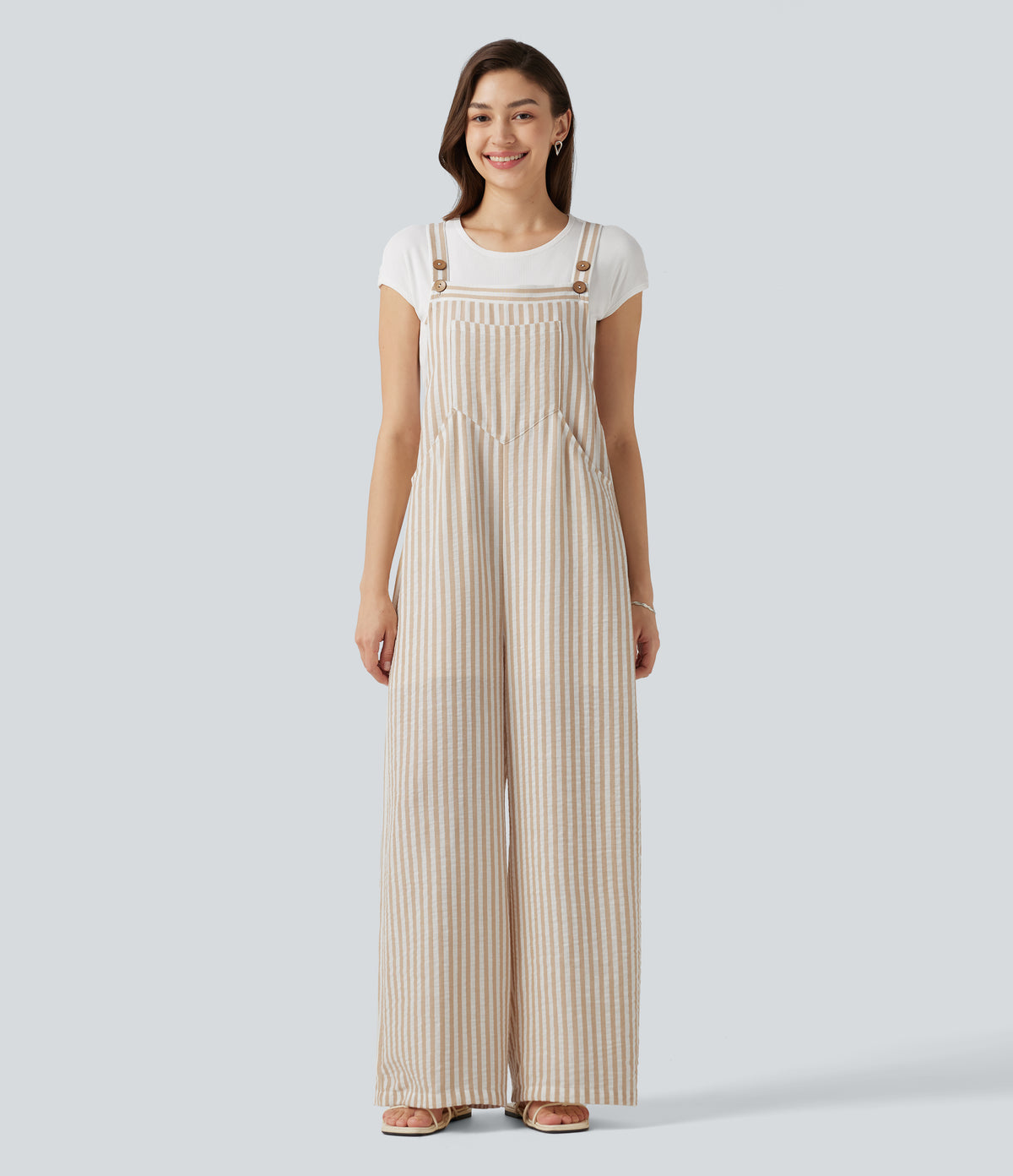 Stripe Casual Linen-Feel Overalls with Pockets