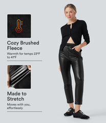 High Waisted Drawstring Stretchy PU Fleece 7/8 Casual Tapered Pants with Pockets