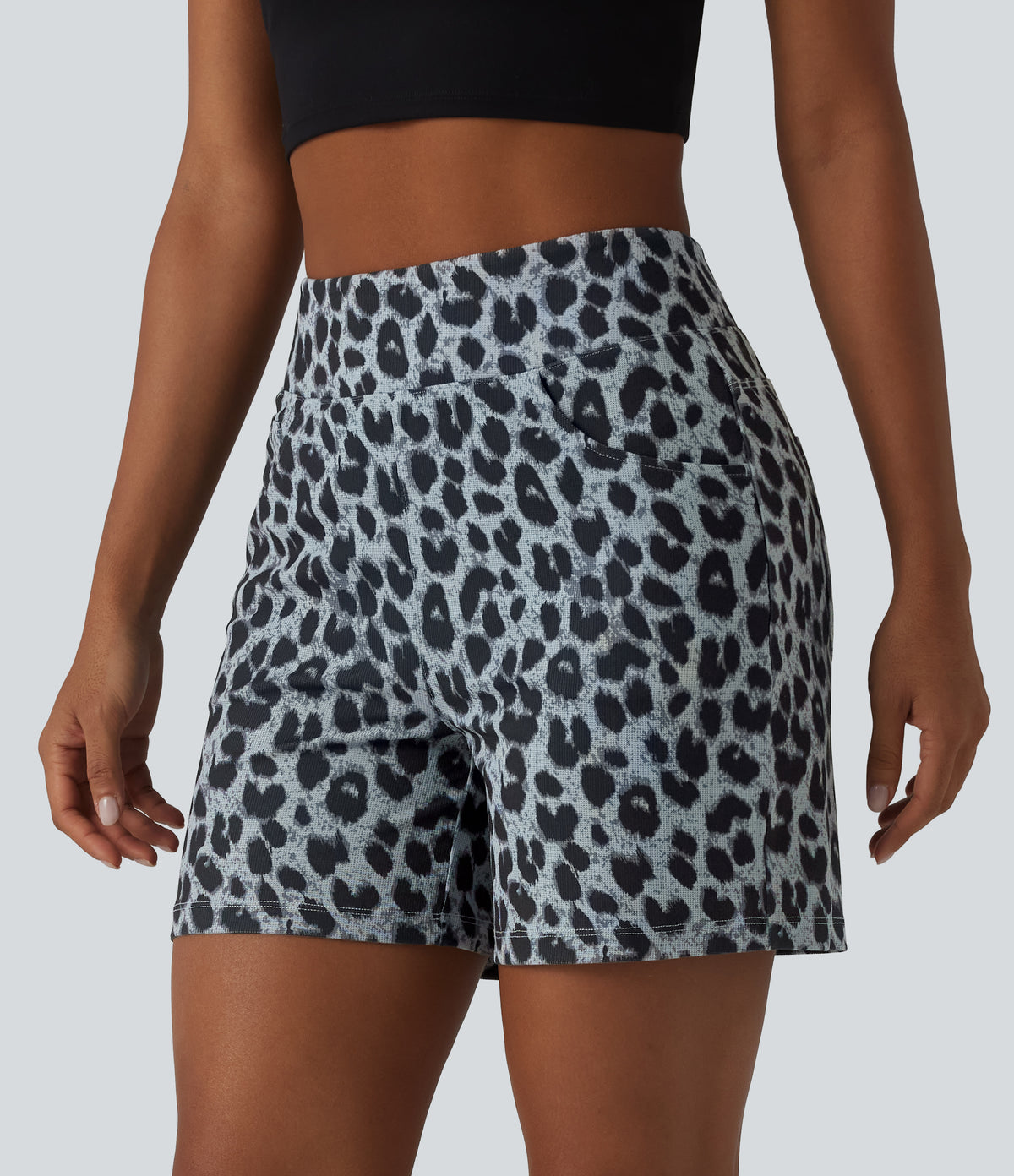 High Waisted Leopard Waffle Casual Baggy Shorts 5'' with Pockets