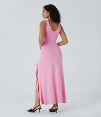 V Neck Sleeveless Asymmetric Ruffle Hem Maxi Dress