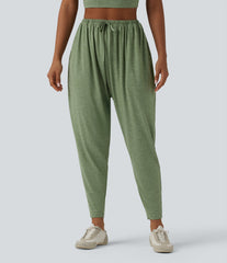 High Waisted Drawstring Heathered Casual Harem Pants with Pockets
